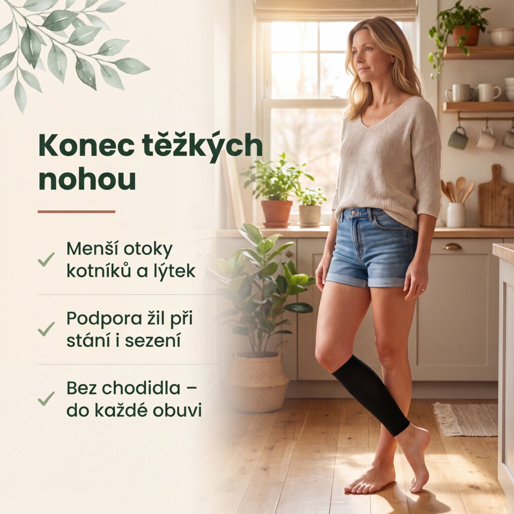 Kompresní návleky na lýtka bez chodidla nasazené na obou nohách